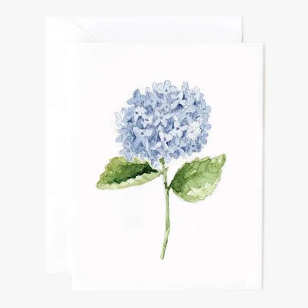 Greeting card with a watercolor blue hydrangea