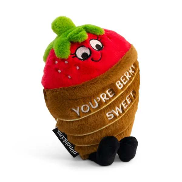 Plush strawberry-shaped toy with embroidered face and text