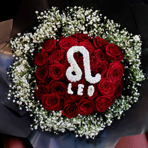 Red roses arranged with white baby's breath in black wrapping
