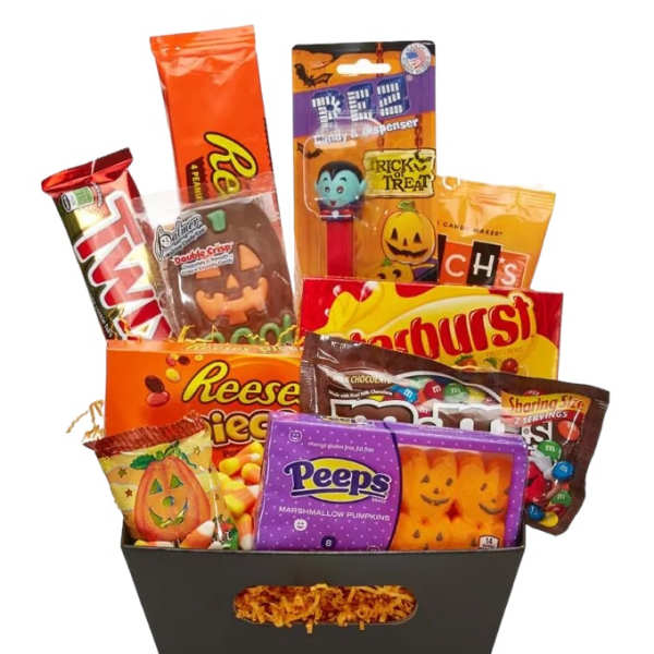 Halloween candy assortment in a black gift basket