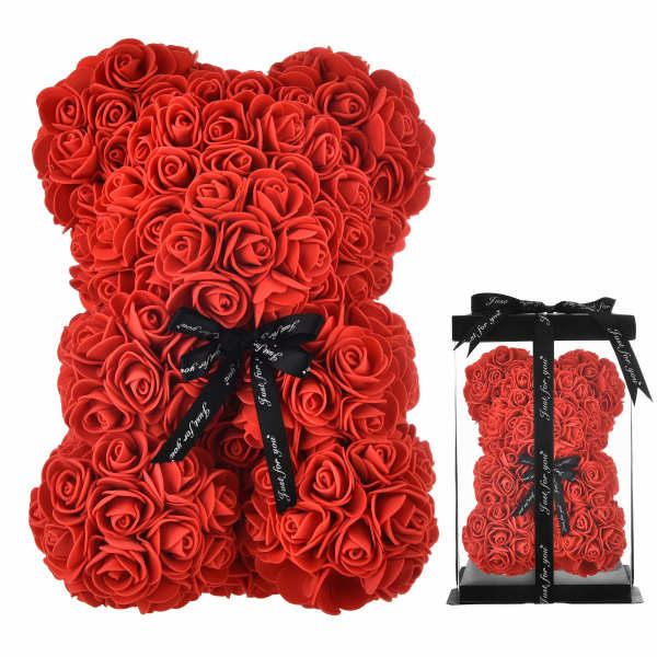 Red rose teddy bear with a black ribbon in a clear gift box
