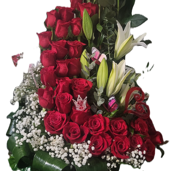 Classic beautiful red spiral rose arrangement with lily's