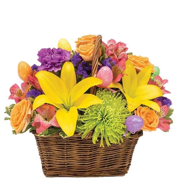 Colorful flower basket with yellow lilies and orange roses