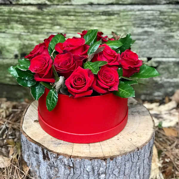 Red roses arranged in a round red box