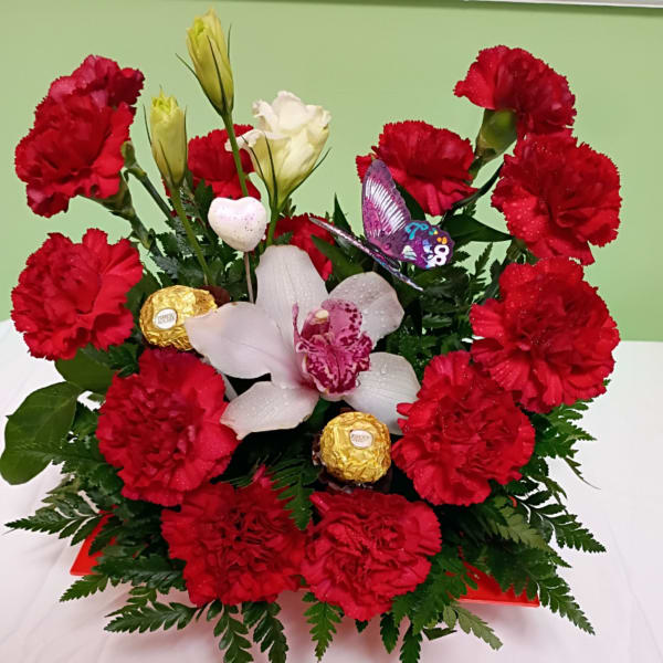 Carnation heart red with orchid and premium chocolate