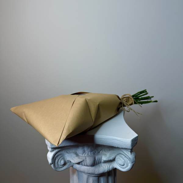 Wrapped bouquet with green stems tied in twine