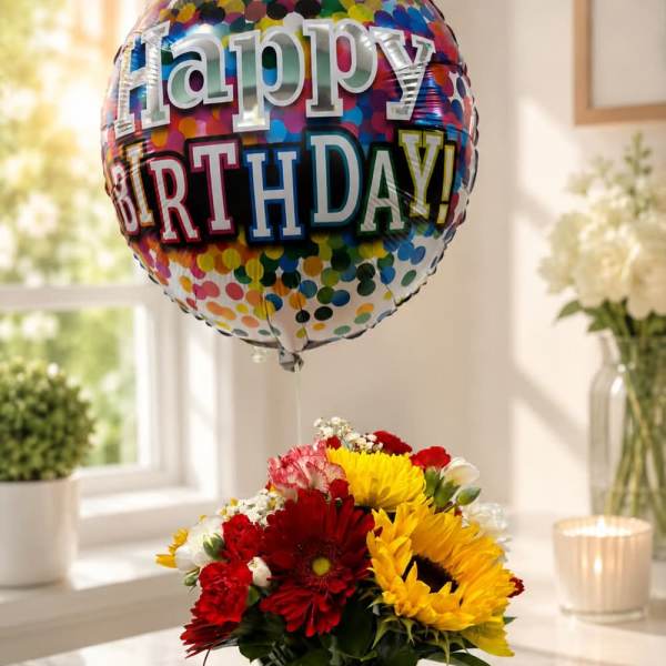 Birthday balloon above a colorful flower arrangement in a polka-dot pot
