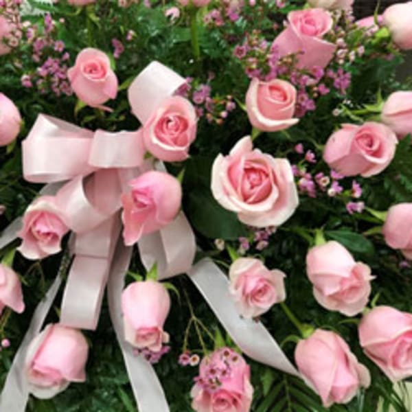 Pink roses arranged with a pale pink ribbon bow