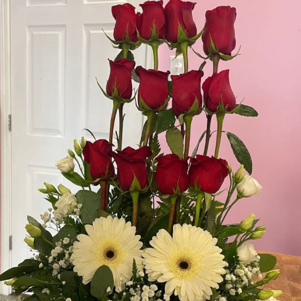 One Dozen red rose arrangement with white mix flowers