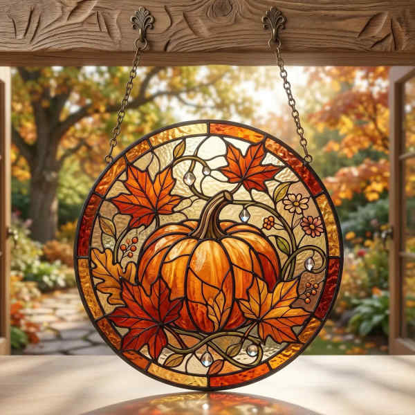 Round stained-glass pumpkin hanging in front of an autumn background