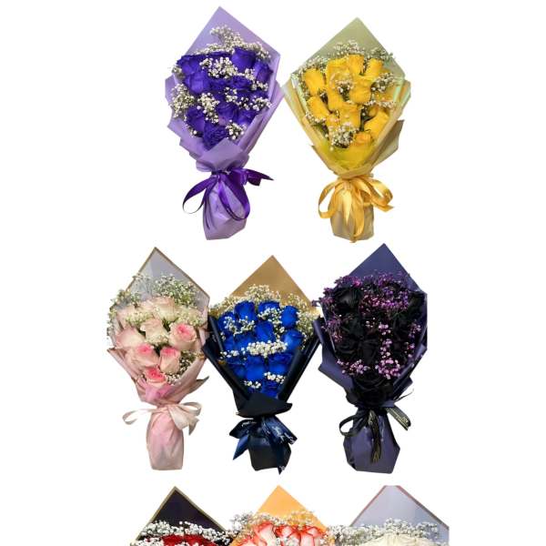Assorted bouquets of roses in colorful wrapping with baby's breath