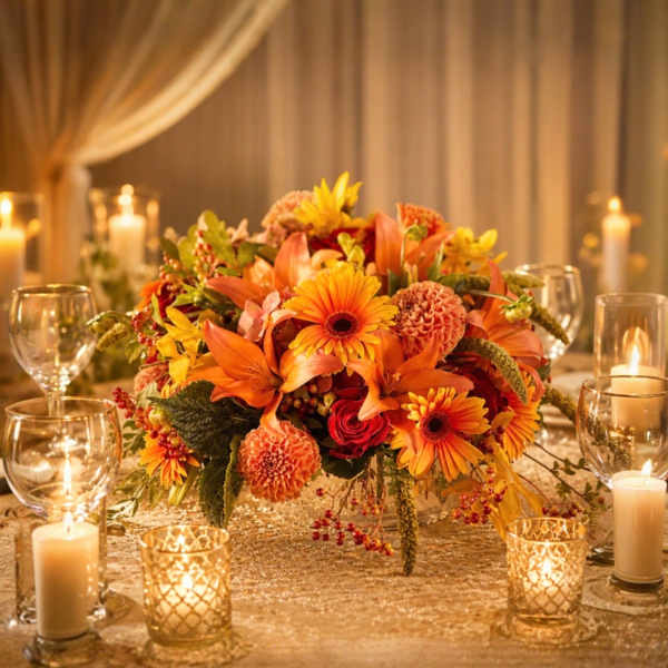 Orange and yellow floral centerpiece in a low glass vase surrounded by candles