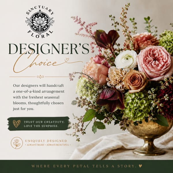 Mixed bouquet in a gold vase with pink, white, and peach blooms
