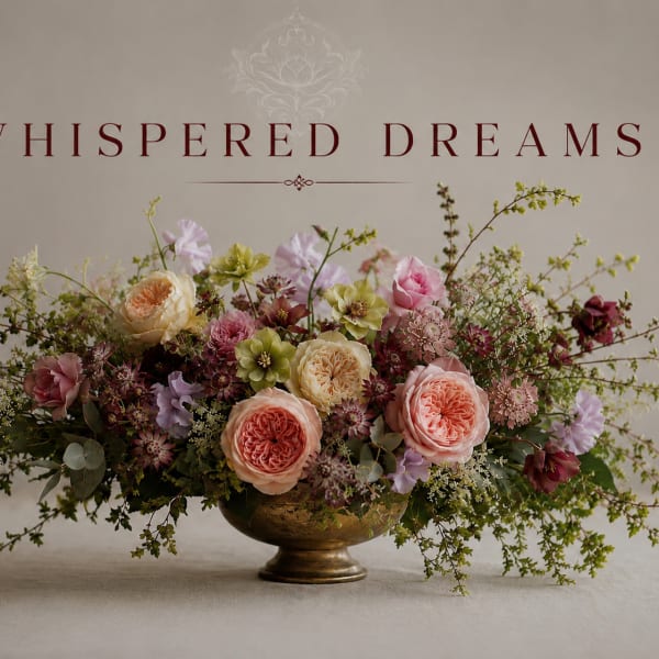 Low floral arrangement of pink and peach roses in a brass bowl