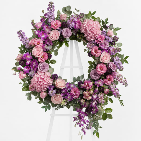Pink and purple floral wreath on a white stand