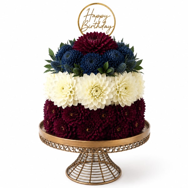 Tiered chrysanthemum arrangement with a gold Happy Birthday topper