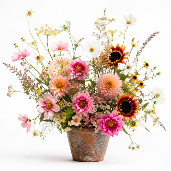 Mixed pink and white flowers in a rustic metal pot