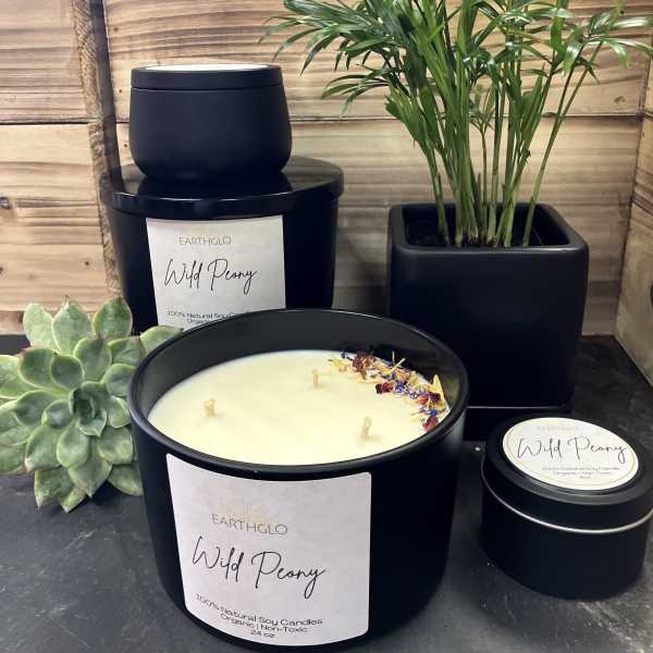 Black candles with "Wild Peony" labels beside a potted succulent and palm plant