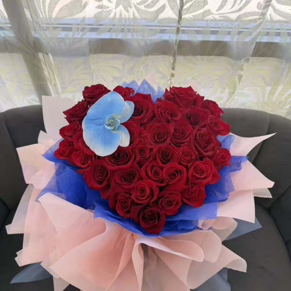 Heart-shaped bouquet of red roses with blue and pink wrapping