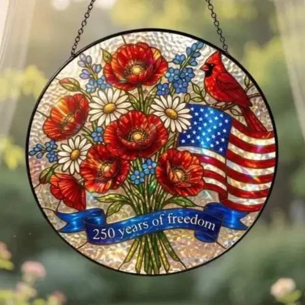 Patriotic Floral Suncatcher, American Flag Cardinal