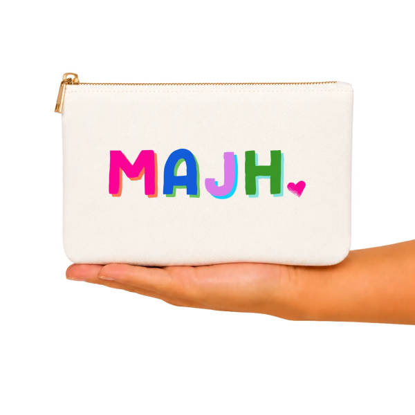 White zip pouch with colorful MAJH lettering and a small heart