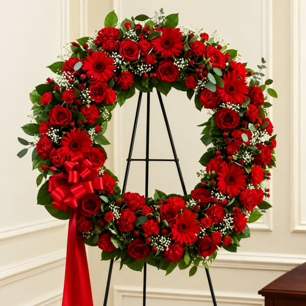 Red floral wreath on a black stand with a red ribbon bow