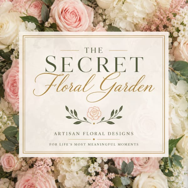Floral arrangement with pink and white roses around a sign reading The Secret Floral Garden