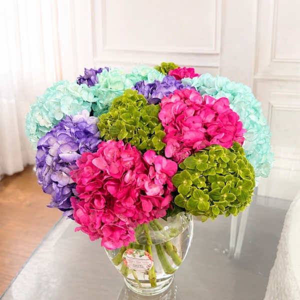 Bouquet of colorful hydrangeas in a clear glass vase