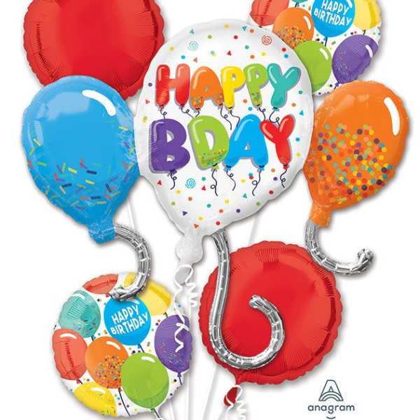 Cluster of colorful birthday balloons with "Happy Birthday" text
