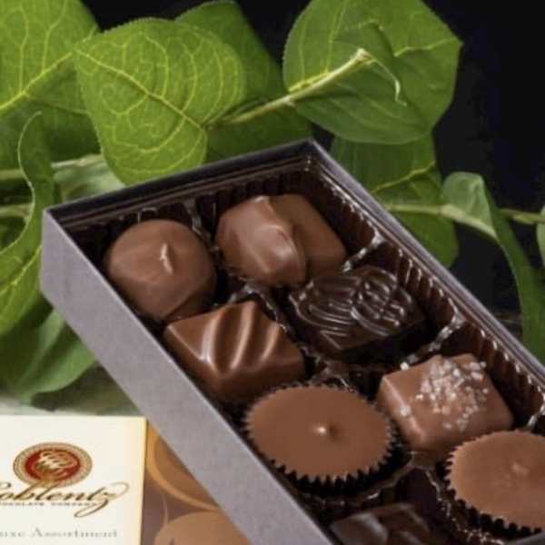 Box of assorted chocolates with green leaves behind it