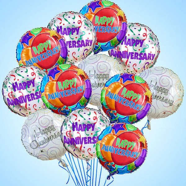 Cluster of colorful balloons printed with "Happy Anniversary"