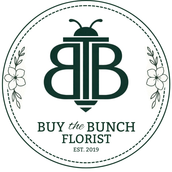 Circular florist logo with floral accents and the text Buy the Bunch Florist