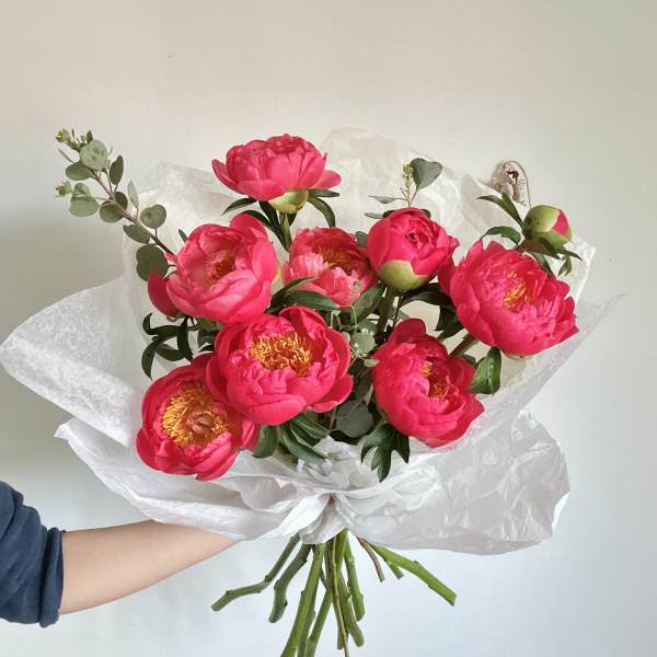 Bouquet of bright pink peonies wrapped in white paper