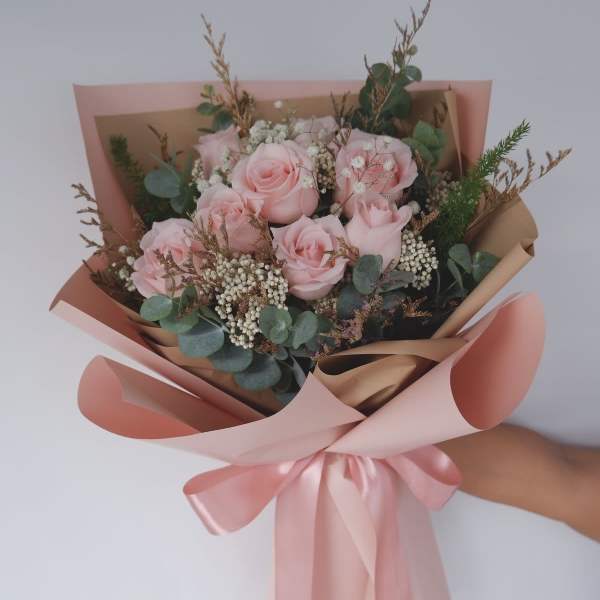 Pink rose bouquet wrapped in blush paper with a satin ribbon