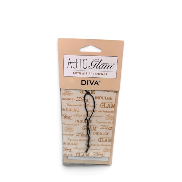 Packaged AutoGlam Diva car air freshener with hanging cord