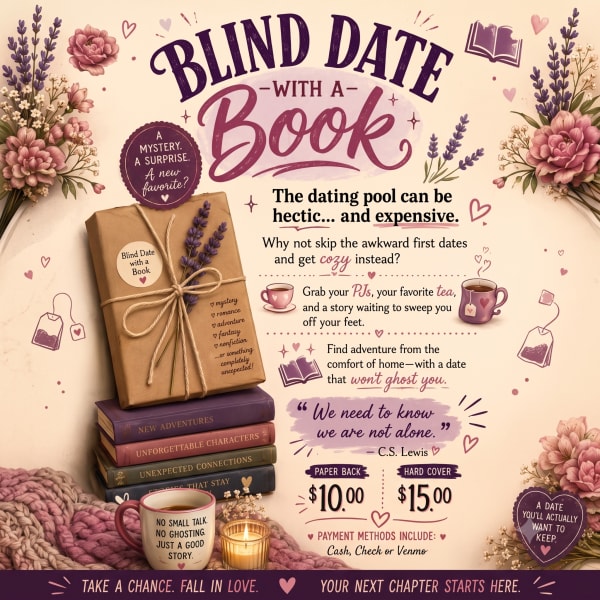 Promotional poster with flowers, books, a mug, and a candle for a blind date with a book.