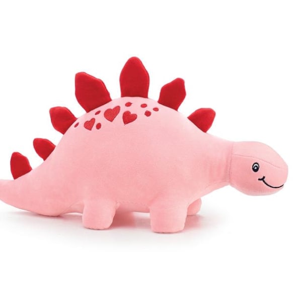 Pink plush dinosaur toy with red spikes and heart details