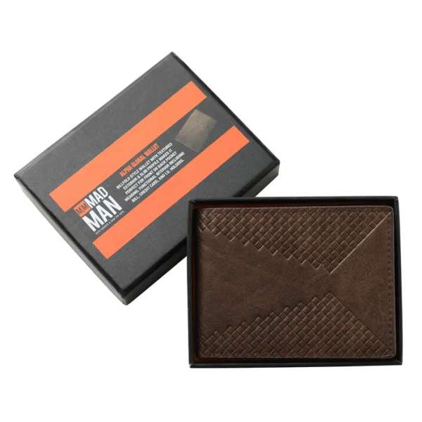 Brown leather wallet in a black gift box with orange accents