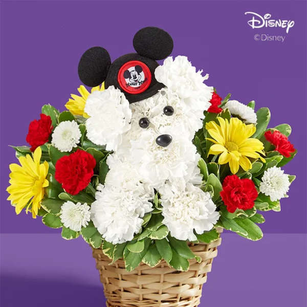 Mickey Mouse-shaped flower basket with white, red, and yellow blooms