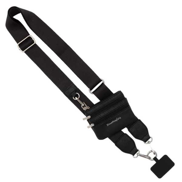 Black crossbody strap with a small zip pouch and metal clips