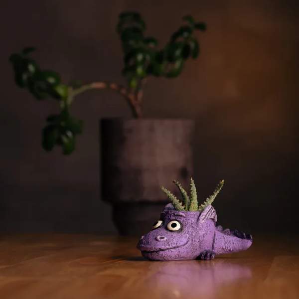 Purple dragon-shaped planter with a small succulent on top