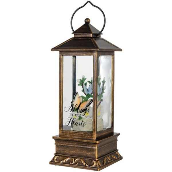 Decorative lantern with butterflies and the words "Always in our Hearts"