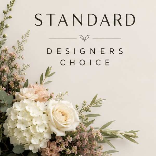 Cream and blush floral arrangement with roses and hydrangeas beside text reading Standard Designers Choice