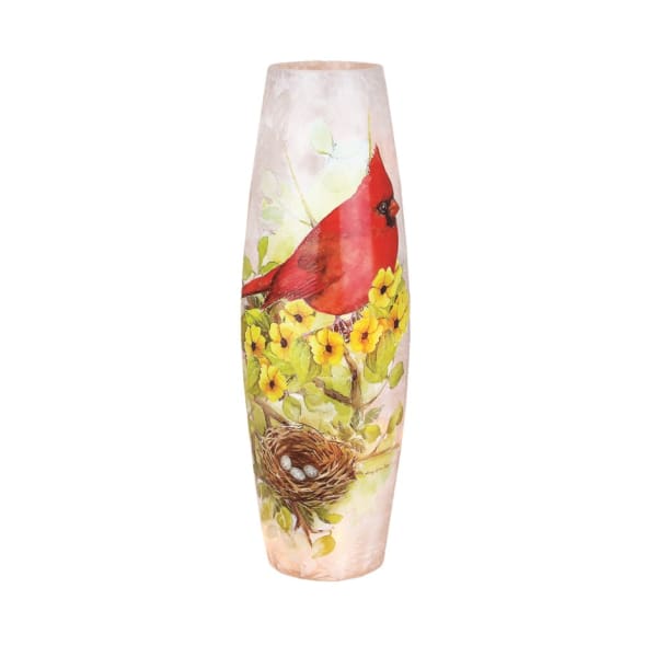 Tall decorative vase with a red bird, yellow flowers, and a bird nest design