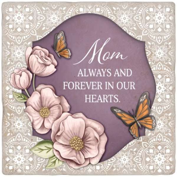 Sympathy card with pink flowers and butterflies around the word Mom