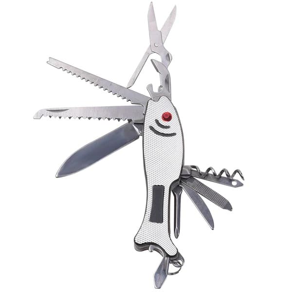 Multi-tool pocket knife with several blades and tools extended