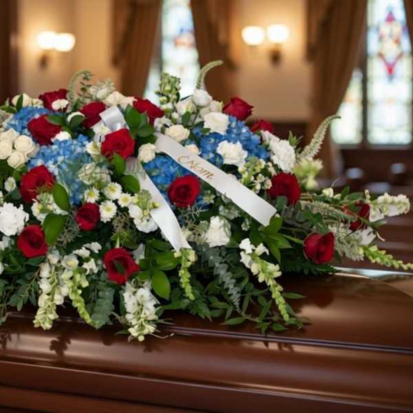 Large red, white, and blue floral casket spray on a wooden casket