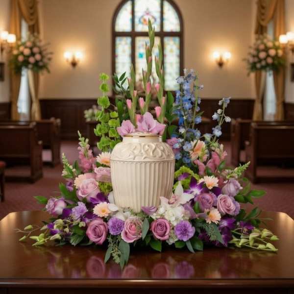 Pastel floral centerpiece around a cream urn in a church interior