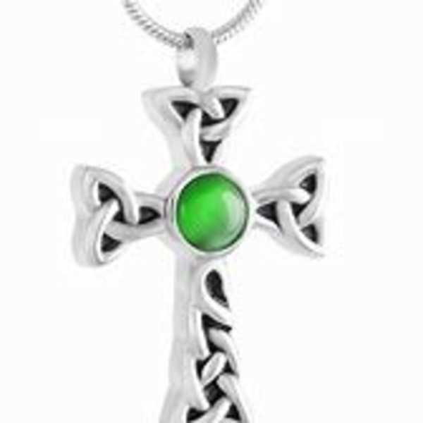 Celtic Cross with Green Stone Stainless Streel Cremation Urn Keepsake Pendant