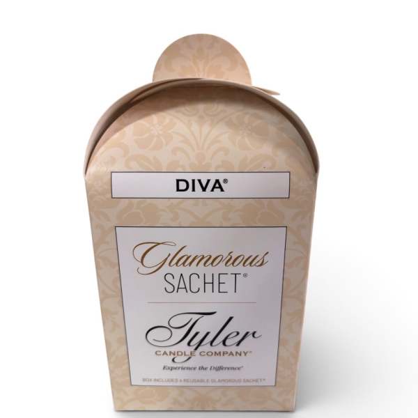 Decorative Tyler Candle Company sachet box in beige packaging